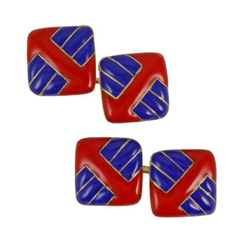 Pair of Art Deco blue and red enamel and 18ct gold cufflinks, probably American c.1925, the low domed cushion panels with geometric design,